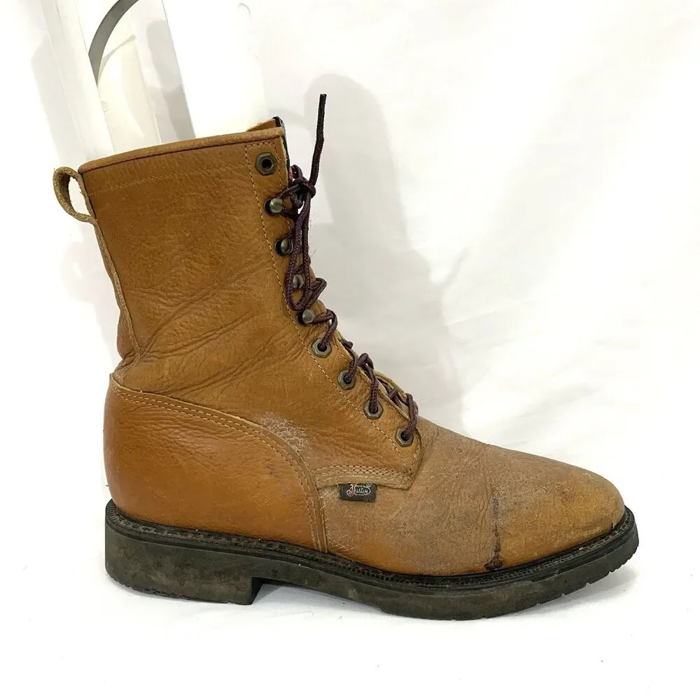Justin Original Brown Leather 0762 Soft Toe Lace Up Work Boots Men’s Size 11 D